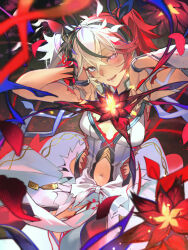 1girl absurdres bare_shoulders blake_bloom_(wuthering_waves) breasts camellya_(wuthering_waves) dress flower grey_eyes heterochromia highres hiro_(hirohiro_gorira) long_hair looking_at_viewer medium_breasts medium_hair multicolored_hair navel open_mouth red_eyes red_hair smile solo split-color_hair white_dress white_hair wuthering_waves