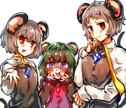 3girls animal_ears black_shirt blue_eyes blush breasts closed_mouth commentary_request cookie_(touhou) doi fake_nyon_(cookie) grey_hair grey_vest hand_on_own_chin highres jewelry kofji_(cookie) long_sleeves looking_at_viewer mouse_ears mouse_girl mouse_tail multiple_girls nazrin necklace nyon_(cookie) open_mouth pendant purple_vest red_eyes shirt short_hair simple_background small_breasts smile tail touhou upper_body vest white_background white_shirt
