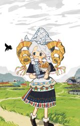 1girl ankle_boots apron bird boots cloud cloudy_sky crow curled_horns day dress dutch_clothes eating field floral_print flower flower_field food grass grey_hair hat highres holding holding_food horn_ornament horn_ribbon horns house looking_to_the_side neruzou original outdoors ribbon sheep_horns sky solo windmill