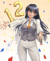 1girl :d absurdres black_hair breasts collared_shirt commentary confetti formal_clothes grey_vest hair_between_eyes happy_anniversary highres jacket kantai_collection kokuzou large_breasts long_hair looking_at_viewer nagato_(anniversary)_(kancolle) nagato_(kancolle) necktie number_balloon open_mouth orange_necktie outstretched_arms pants red_eyes shirt simple_background smile solo spread_arms suit suit_jacket vest white_jacket white_pants white_shirt white_suit