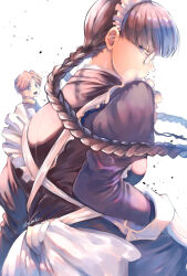 1boy 1girl apron black_dress black_hair black_lagoon blue_eyes braid dress garcia_lovelace highres looking_at_viewer low_twin_braids maid_apron maid_headdress roberta_(black_lagoon) round_eyewear tondamanuke twin_braids