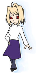 Rule 34 | 1girl, ahoge, arcueid brunestud, bemani, blonde hair, chibi, eu03, hand on own hip, high heels, looking at viewer, melty blood, open hand, pantyhose, pop&#039;n music, purple skirt, red eyes, short hair, skirt, smile, sweater, tsukihime, turtleneck, turtleneck sweater