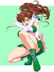 Rule 34 | 1girl, back bow, bishoujo senshi sailor moon, boots, bow, brown hair, circlet, elbow gloves, floating hair, full body, gloves, green boots, green eyes, green sailor collar, green skirt, green theme, hair bobbles, hair ornament, highres, kino makoto, lace-up boots, miniskirt, open mouth, pink bow, pirochi, pleated skirt, ponytail, sailor collar, sailor collar lift, sailor jupiter, sailor senshi uniform, shiny skin, shirt, skirt, sleeveless, sleeveless shirt, solo, squatting, white gloves, white shirt