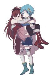 2girls black_bow black_thighhighs blue_dress blue_eyes blue_hair blue_skirt blush boots bow breasts cape carrying carrying_person colored_eyelashes detached_sleeves dress fortissimo frills gloves hair_ornament hianura highres long_hair mahou_shoujo_madoka_magica mahou_shoujo_madoka_magica_(anime) miki_sayaka multiple_girls musical_note musical_note_hair_ornament pink_skirt red_boots red_dress red_hair sakura_kyoko short_hair skirt smile thighhighs white_background yuri