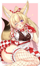 1girl ;d absurdres animal_ear_fluff animal_ears apron arm_support asymmetrical_legwear blonde_hair blue_choker bow checkered_bow checkered_clothes checkered_skirt checkered_thighhighs choker commentary_request contrapposto ebiko_yaki fang fang_out fishnet_thighhighs fishnets fox_ears fox_girl fox_tail frilled_overskirt frilled_sleeves frilled_thighhighs frills gloves hair_bow heart heart-shaped_pupils high_ponytail highres hololive layered_skirt long_hair miniskirt mismatched_legwear multicolored_hair name_tag official_alternate_costume official_alternate_hair_length official_alternate_hairstyle omaru_polka omaru_polka_(6th_costume) one_eye_closed open_mouth overskirt pink_background pink_hair pleated_skirt ponytail puffy_short_sleeves puffy_sleeves purple_eyes red_garter_straps red_gloves red_overskirt red_shirt red_skirt red_thighhighs shirt short_sleeves single_fishnet_legwear sitting skindentation skirt smile solo streaked_hair symbol-shaped_pupils tail thick_thighs thigh_focus thighhighs thighs twitter_username two-tone_shirt v vertical-striped_sleeves very_long_hair virtual_youtuber waist_apron waitress white_apron white_shirt yokozuwari