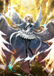 152_in_can 1girl absurdres angel_wings black_pantyhose blonde_hair bracelet breasts bridal_gauntlets dress fate/grand_order fate_(series) feathered_wings full_body headpiece highres jeanne_d&#039;arc_(fate) jewelry juliet_sleeves long_hair long_sleeves looking_at_viewer medium_breasts metatron_jeanne_(fate) metatron_jeanne_(third_ascension)_(fate) multiple_wings pantyhose puffy_sleeves solo very_long_hair white_dress wings yellow_eyes