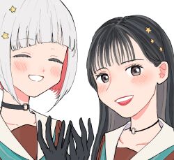 Rule 34 | 2girls, animification, aqua neckerchief, black choker, black gloves, black hair, blunt bangs, bob cut, brown dress, choker, choppy bangs, collarbone, commentary request, diagonal bangs, dress, gloves, grey eyes, grey hair, grin, hair ornament, hasu no sora school uniform, inverted bob, link! like! love live!, long hair, love live!, multiple girls, neckerchief, o-ring, o-ring choker, open mouth, portrait, red lips, sailor collar, sailor dress, sasaki kotoko, school uniform, short hair, smile, star (symbol), star hair ornament, teeth, upper teeth only, virtual youtuber, voice actor, voice actor connection, white (waterwhite), white sailor collar, winter uniform, yugiri tsuzuri