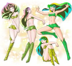 Rule 34 | 1girl, \m/, absurdres, animal print, bikini, breasts, cleavage, cone horns, double \m/, fangs, full body, gradient hair, highres, horns, long hair, lum, miniskirt, multicolored hair, multiple views, navel, open mouth, own hands together, pointy ears, print bikini, print boots, print skirt, shirokuro jakko, sitting, skirt, swimsuit, tiger print, urusei yatsura