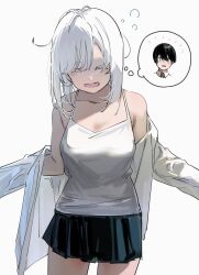 1girl 303_goushitsu_no_kamisama bare_shoulders black_skirt blush camisole closed_eyes collarbone cowboy_shot facing_viewer fang funi_mu9 hands_up highres kami-sama_(303_goushitsu_no_kamisama) long_sleeves off_shoulder open_clothes open_mouth open_shirt shirt short_hair simple_background skin_fang skirt sleepy solo speech_bubble swept_bangs thought_bubble white_background white_camisole white_shirt