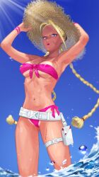 1girl adjusting_clothes adjusting_headwear armpits beach bikini blonde_hair blue_eyes braid breasts cammy_white facial_scar front-tie_bikini_top front-tie_top hat highres medium_breasts namamo_(squidrilling) official_alternate_costume pink_bikini scar scar_on_cheek scar_on_face side-tie_bikini_bottom solo straw_hat street_fighter street_fighter_6 swimsuit tan tanline twin_braids water