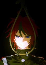 1boy ahoge black_background black_hair blue_eyes closed_mouth hair_between_eyes looking_at_viewer male_focus messy_hair multicolored_eyes multicolored_hair noose red_eyes red_hair rope simple_background smile solo solo_focus sumino_takumi the_hundred_line_-last_defense_academy- upper_body