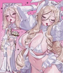 Rule 34 | 1girl, bikini, blonde hair, blush, breasts, closed eyes, glasses, hayane hayaoki, high heels, japanese text, large breasts, long tongue, micro bikini, multiple views, navel, parted bangs, pointy ears, rabbit ears, rabbit pose, red eyes, sweat, sweatdrop, swimsuit, tagme, tears, thighhighs, tongue, tongue out