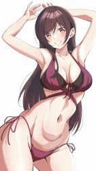 Rule 34 | 1girl, absurdres, arms up, bikini, breasts, brown eyes, brown hair, cowboy shot, highres, kanojo okarishimasu, layered bikini, long hair, medium breasts, mizuhara chizuru, mtoan, multi-strapped bikini top, navel, parted lips, purple bikini, side-tie bikini bottom, simple background, solo, swimsuit, white background