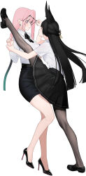 2girls absurdres animal_ear_fluff animal_ears assertive_female belt black-framed_eyewear black_belt black_hair black_pantyhose black_ribbon black_shoes black_skirt blunt_ends blush braid chinese_commentary closed_mouth collared_shirt commentary_request earrings eye_contact foot_kabedon foot_up full_body glasses hair_ornament half_up_braid half_updo hand_up hands_up high_heels highres himesamanonete holding_another&#039;s_wrist hoshimi_miyabi jewelry kabedon leg_up loafers long_hair long_sleeves looking_at_another miniskirt multiple_girls neck_ribbon no_socks pantyhose parted_lips pencil_skirt pink_eyes pink_hair pleated_skirt raised_inner_eyebrows red_eyes removing_eyewear ribbon semi-rimless_eyewear shirt shirt_tucked_in shoes short_sleeves skirt standing standing_on_one_leg tsukishiro_yanagi under-rim_eyewear very_long_hair wavy_mouth white_shirt yuri zenless_zone_zero