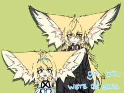 Rule 34 | 2girls, :d, ahoge, anatomical nonsense, animal ear fluff, animal ears, arknights, bare shoulders, black collar, black jacket, blonde hair, blue hairband, closed mouth, collar, commentary, cropped torso, english commentary, english text, fox ears, fox girl, green background, green eyes, hair between eyes, hairband, i&#039;m all ears (meme), infection monitor (arknights), jacket, large ears, material growth, mother and daughter, multiple girls, necktie, open mouth, orange eyes, oripathy lesion (arknights), red necktie, scar, scar on face, simple background, smile, solo, suzuran (arknights), teeth, tofusquisha, upper teeth only, vulpisfoglia (arknights)