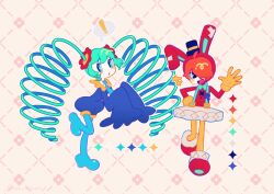 ! 1boy 1girl :d :o ahoge animal_hood aqua_eyes aqua_hair blue_necktie blue_shoes bow bowtie color_guide commentary english_commentary foot_up fukase full_body gloves green_bow green_bowtie hair_over_one_eye hatsune_miku hood hood_up long_hair necktie open_mouth outline pac-man_eyes rabbit_hood raluraluze red_hair red_shirt red_shoes shirt shoes sleeves_past_fingers sleeves_past_wrists smile speech_bubble tongue very_long_hair vocaloid yellow_gloves