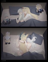 2girls alternate_costume animal_ear_fluff animal_ears blonde_hair blue_archive blush closed_eyes dog_ears dog_girl gurenola head_on_pillow highres hug implied_futanari kanna_(blue_archive) konoka_(blue_archive) leg_lock long_hair lying missionary multiple_girls on_side open_mouth pillow sleeping stuffed_toy translation_request under_covers white_hair yuri