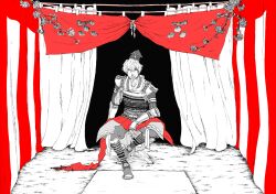 armor chair folding_chair hair_between_eyes hat japanese_clothes kimono mouri_motonari red_eyes scroll sengoku_musou sitting