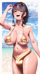 Rule 34 | 1futa, absurdres, areola slip, arm up, artist name, bare shoulders, beach, bikini, black hair, breast shadow, breasts, bulge, cloud, erection, erection under clothes, fang, futanari, green eyes, highres, large breasts, large penis, long hair, looking at viewer, navel, nipples, ocean, open mouth, original, outdoors, penis, penis in swimsuit, ponytail, sabakan oekaki, see-through clothes, shadow, sky, smile, solo, standing, sunglasses, sunglasses on head, swimsuit, teeth, testicles, uncensored, upper teeth only, veins, veiny penis, water, wet