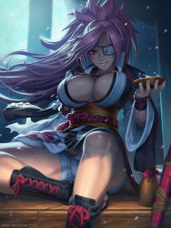 1girl baiken breasts cleavage cup eyepatch female_focus goggles guilty_gear guilty_gear_xrd highres large_breasts long_hair md5_mismatch night pink_hair ponytail red_eyes sakazuki smile solo speh thighs
