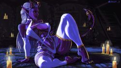 Rule 34 | 1girl, absurdres, arkaim, arm support, asymmetrical legwear, barefoot, bracelet, breasts, candle, chain, choker, colored skin, covered erect nipples, demon girl, demon horns, demon tail, detached sleeves, dungeons &amp; dragons, full body, gold bracelet, gold chain, green eyes, hand on floor, highres, horn ornament, horn ring, horns, jewelry, knee up, leaning back, long hair, on floor, one-piece swimsuit, piercing, pointy ears, purple skin, sideboob, sitting, stomach, swimsuit, tail, tail ornament, tail piercing, tail ring, thighhighs, thighs, twitter username, white choker, white hair, white one-piece swimsuit, white sleeves, white thighhighs
