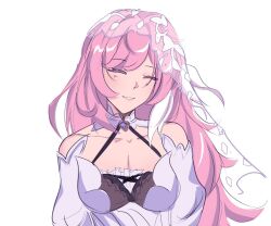 1girl bare_shoulders breasts cleavage collarbone commentary dress elysia_(honkai_impact) english_commentary honkai_(series) honkai_impact_3rd kitarer large_breasts long_hair official_alternate_costume parted_lips pink_hair simple_background smile solo upper_body veil very_long_hair white_background white_dress white_veil