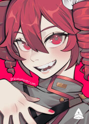 Rule 34 | 1girl, blush, drill hair, graveweaver, hair ribbon, highres, kasane teto, lips, looking at viewer, open mouth, pink background, pink nails, red eyes, red hair, ribbon, short hair, simple background, smile, solo, teeth, twin drills, upper body, vocaloid, white ribbon
