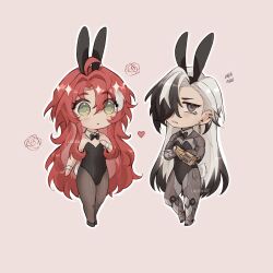 2boys :o ahoge animal_ears argenti_(honkai:_star_rail) artist_name bare_shoulders black_bow black_bowtie black_eyes black_hair black_hairband black_leotard black_shoes blush boothill_(honkai:_star_rail) bow bowtie brown_pantyhose bullet_earrings chibi chibi_only clenched_teeth collarbone commentary crossdressing crossed_arms crossed_bangs crosshair_pupils cyborg detached_collar ear_piercing earrings eyelashes fake_animal_ears fake_tail flower gold_earrings green_eyes hair_between_eyes hair_intakes hair_over_one_eye hairband hand_up heart highleg highleg_leotard highres honkai:_star_rail honkai_(series) jewelry leotard long_hair looking_at_viewer luciidkatt male_focus male_playboy_bunny mole mole_under_eye multicolored_hair multiple_boys one_eye_covered open_mouth outline pantyhose parted_bangs piercing pink_background playboy_bunny rabbit_boy rabbit_ears rabbit_tail red_hair red_pupils rose sharp_teeth shoes sidelocks simple_background standing strapless strapless_leotard streaked_hair symbol-only_commentary tail teeth v-shaped_eyebrows very_long_hair white_hair white_outline wing_collar wrist_cuffs