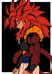 1boy black_background body_fur brown_fur closed_mouth dragon_ball dragon_ball_gt from_side fusion_dance gogeta highres looking_at_viewer male_focus metamoran_vest monkey_boy monkey_tail outside_border pants parted_lips profile red_hair relio_db318 simple_background smile solo spiked_hair standing super_saiyan super_saiyan_4 tail white_pants