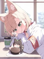 2girls :i ^_^ absurdres animal_ears arm_on_table arm_support black_choker blonde_hair brown_hair chibi choker closed_eyes cookie cup disposable_cup drinking_straw eating extra_ears food green_eyes highres hood hood_down hoodie long_hair long_sleeves looking_at_another mannack mini_person minigirl multiple_girls original plate raccoon_ears raccoon_girl raccoon_tail sandwich_cookie short_hair smile table tail white_hoodie window wolf_ears wolf_girl