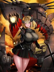 1girl artist_name azur_lane black_jacket black_skirt blonde_hair blush breasts brown_eyes buttons commentary_request cross gloves grey_shirt hair_between_eyes headgear hisin iron_cross jacket large_breasts long_sleeves looking_at_viewer machinery mechanical_hands miniskirt multicolored_hair open_mouth pleated_skirt red_hair rigging roon_(azur_lane) shirt short_hair signature skirt smile solo standing streaked_hair taut_clothes taut_shirt thighs watermark yellow_eyes