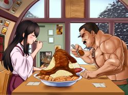 1boy 1girl akagi_(kancolle) belt black_eyes black_hair blush capcom chair crossover eating closed_eyes facial_hair final_fight food_request hakama hakama_skirt indoors japanese_clothes kantai_collection long_hair mike_haggar muscular mustache poster_(medium) sidelocks sitting skirt spoon table taka_(takahirokun) wide_sleeves window