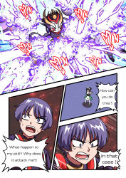 Rule 34 | 1boy, 1girl, absurdres, atawatsho, black hair, blunt bangs, comic, commentary, english commentary, english text, explosion, eyeshadow, genshin impact, highres, katheryne (genshin impact), makeup, purple eyes, purple hair, scaramouche (genshin impact), scaramouche (kabukimono) (genshin impact), sidelocks, speech bubble, wind