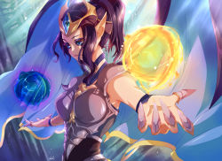 1girl alternate_costume alternate_hairstyle armor artist_name black_hair blue_eyes boobplate breastplate choker circlet kakip league_of_legends magic morgana_(league_of_legends) outstretched_arms pointy_ears ponytail short_hair spread_arms victorious_morgana wings