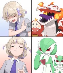 1girl absurdres blue_necktie brown_hair closed_eyes colored_tongue drakeposting_(meme) fire fuecoco gardevoir gen_3_pokemon grey_shirt hair_ornament hand_up highres hololive hololive_dev_is kirlia meme multicolored_hair necktie nintendo open_mouth pokemon pokemon_(creature) pokemon_sv purple_hair purple_tongue red_eyes shirt skeledirge streaked_hair todoroki_hajime virtual_youtuber yume_makurya