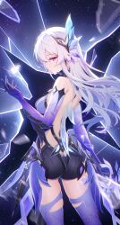 1girl absurdres ass back bare_shoulders breasts broken_glass closed_mouth cowboy_shot from_behind genshin_impact glass grey_hair hair_ornament hand_up highres holding holding_sword holding_weapon long_hair looking_at_viewer medium_breasts pink_eyes prosthesis skirk_(genshin_impact) solo sword thighs weapon zhuchengbi