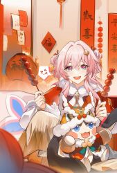 Rule 34 | 1girl, 1other, absurdres, alternate hairstyle, blue eyes, chinese commentary, chinese new year, commentary request, cosplay, diting (honkai: star rail), diting (honkai: star rail) (cosplay), food, highres, holding, holding food, honkai: star rail, honkai (series), march 7th (honkai: star rail), march 7th (hunt) (honkai: star rail), medium hair, multicolored eyes, official alternate hairstyle, open mouth, pink eyes, pink hair, pink pupils, pom-pom (honkai: star rail), qing ning elsa, smile, teeth, two-tone eyes, upper teeth only