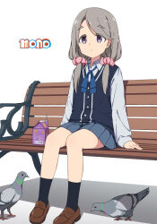 1girl bench bird black_socks blue_ribbon blue_skirt blue_vest brown_shoes closed_mouth collared_shirt commentary_request copyright_name full_body grey_hair hair_ornament hair_scrunchie highres juice_box loafers long_hair long_sleeves mono_(afro) neck_ribbon necono_(nekonosora1207) pigeon pink_scrunchie pleated_skirt purple_eyes ribbon school_uniform scrunchie shikishima_sakurako shirt shoes simple_background sitting skirt socks solo thick_eyebrows vest white_background white_shirt
