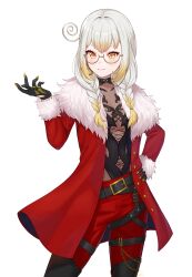 1girl absurdres anna_williams anna_williams_(cosplay) belt black_belt black_gloves blonde_hair braid breasts chain cleavage closed_mouth coat colored_tips cosplay fur-trimmed_coat fur_trim glasses gloves gold_chain hand_on_own_hip highres indie_virtual_youtuber kanna_yanagi long_hair multicolored_hair open_clothes open_coat pants red_coat red_pants second-party_source semi-rimless_eyewear solo tekken tekken_8 transparent_background twin_braids velantart virtual_youtuber white_hair yellow_eyes