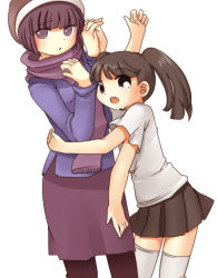2girls 6_9 hat mafurako monoko multiple_girls pantyhose pencil_skirt raised_eyebrows scarf simple_background skirt thighhighs twintails white_background yume_nikki zettai_ryouiki