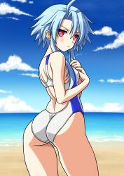 1girl absurdres ahoge ass beach blue_hair blue_sky breasts choujigen_game_neptune cloud competition_swimsuit cowboy_shot day from_behind highres horizon looking_at_viewer looking_back neptune_(series) ocean one-piece_swimsuit outdoors power_symbol-shaped_pupils red_eyes short_hair_with_long_locks sky small_breasts solo standing swimsuit symbol-shaped_pupils two-tone_swimsuit white_heart_(neptunia) white_one-piece_swimsuit yuuyuu_(3jjbn)