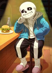 Rule 34 | 1boy, amber graygamma, bar stool, black pants, black sclera, blue jacket, burger, colored sclera, colored skin, drawstring, food, full body, grin, hand in pocket, hood, hood down, hooded jacket, indoors, jacket, looking at viewer, male focus, on stool, pants, sans (undertale), shirt, sitting, skeleton, slippers, smile, socks, solo, spotlight, stool, undertale, white shirt, white skin, white socks, wooden floor, zipper