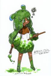 1girl antennae barefoot blush_the_painter_frog brown_capelet capelet clipboard closed_mouth commentary_request dark-skinned_female dark_skin dated dress frog_girl full_body green_eyes green_hair highres holding holding_clipboard holding_paintbrush long_hair paint paint_splatter paintbrush rabbit_and_steel shirabaki simple_background solo squiggle translation_request white_background white_dress