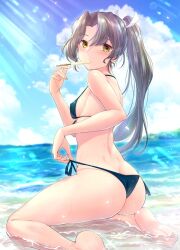1girl ass barefoot beach bikini bikini_tug black_bikini black_hair blue_sky blush breasts cloud day dimples_of_venus food food_in_mouth from_behind green_eyes hair_ribbon kantai_collection long_hair looking_at_viewer looking_back ocean outdoors ponytail popsicle popsicle_in_mouth ribbon ryu-akt side-tie_bikini_bottom sitting sky small_breasts solo swimsuit wariza water white_ribbon zuikaku_(kancolle) zuikaku_(swimsuit)_(kancolle) zuikaku_kai_ni_(kancolle)