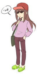 1girl akemi_homura alternate_costume ange_(angeban93) bag baseball_cap brown_hair casual crocs full_body green_shoes hand_in_pocket hat long_hair mahou_shoujo_madoka_magica open_mouth red_hat shoes shoulder_bag solo speech_bubble standing sunglasses white_background