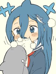 1girl steamed_bun blue_eyes blue_hair blue_shirt blush_stickers brown_background commentary_request eating food fukada_ichika hair_between_eyes hair_ornament hand_puppet holding holding_food long_hair looking_at_viewer neckerchief original puppet red_neckerchief sailor_collar school_uniform serafuku shark_hair_ornament shirt simple_background solo translation_request upper_body very_long_hair white_sailor_collar yukimoto_shuuji_(gurigura)