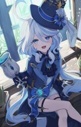 1girl absurdres ahoge aki_tsune blue_eyes blue_hair blue_hat blue_jacket furina_(genshin_impact) genshin_impact gloves hair_between_eyes hat highres jacket long_hair long_sleeves looking_at_viewer multicolored_hair open_mouth solo