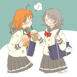 ! 2girls :d ahoge animal_charm bag black_bag blush bow bowtie buttons closed_eyes clover_hair_ornament commentary_request cropped_legs cup disposable_cup double-breasted frappuccino green_background green_eyes grey_hair grey_sailor_collar grey_skirt grin hair_ornament holding holding_cup kase_(ks_lys) long_sleeves love_live! love_live!_sunshine!! medium_hair miniskirt multiple_girls open_mouth orange_hair pleated_skirt red_bow red_bowtie sailor_collar school_bag school_uniform serafuku sharing_food shirt short_hair shoulder_bag simple_background skirt smile spoken_exclamation_mark takami_chika twitter_username uranohoshi_school_uniform watanabe_you winter_uniform yellow_shirt