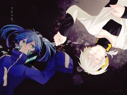 1boy 1girl aqua_eyes blue_hair closed_eyes ene_(kagerou_project) headphones kagerou_project konoha_(kagerou_project) long_hair lying ponytail shirou_(vista) short_ponytail translation_request twintails twitter_username vocaloid white_hair yamaha