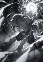 1girl :d ahoge animal_ear_fluff animal_ears arm_support electricity electrokinesis energy energy_ball fang fox_ears fox_tail full_body glowing greyscale hair_between_eyes hand_on_ground highres imizu_(nitro_unknown) lightning long_hair long_sleeves loose_socks low_ponytail magic mamehinata monochrome open_mouth outstretched_arm ponytail shirt shoes shorts skin_fang sleeves_past_wrists smile sneakers socks solo tail v-shaped_eyebrows visor_cap vrchat